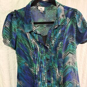 Worthington Women's Two piece set Geometric Blue Green Short Cap Sleeve, XL